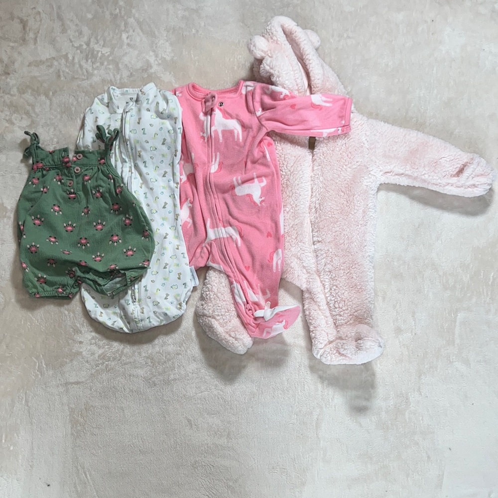 Carter's Pink/Green Baby Footie and SwaddleMe 4 Piece Bundle Set NB - 3 Months